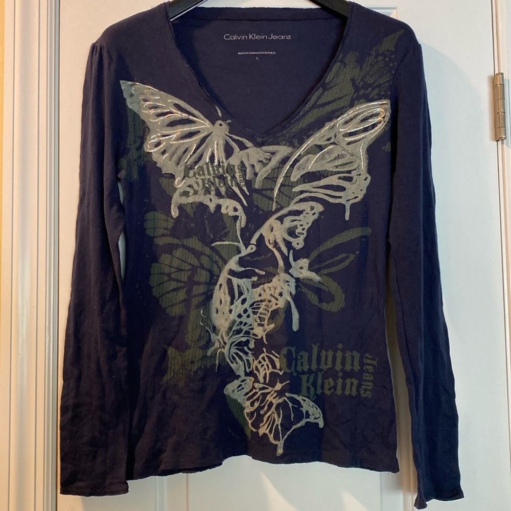 Calvin Klein 💯 Cotton Stretch Dark Blue Logo Top NeverUsed